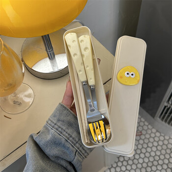 Baichao cute ins cheese spoon fork chopsticks three-piece set student portable tableware storage box set main picture fork + fork free storage box y