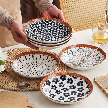 Jiwu forest ceramic deep dish tableware plate household steak plate western food plate vegetable plate dumpling plate rattan 8-inch 4-pack