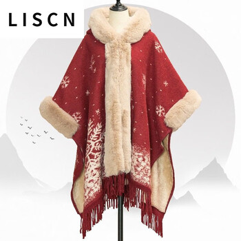 Liscn red christmas cape shawl coat women's autumn and winter new new year mid-length velvet thickened coat snowflake shawl thickened one size 90 jin about 170 jin