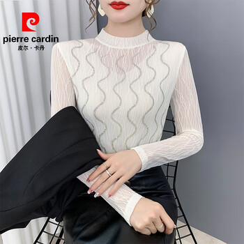 Pierre cardin women's temperament mesh long-sleeved bottoming shirt 2026 new spring and autumn inner tops versatile western style t-shirts white xl (recommended 110-125 pounds)