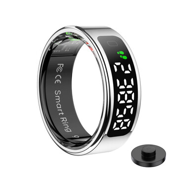 Hkmw machine suitable smart ring smt ring digital display wireless charging time heart rate steps battery check gesture control silver 9# size
