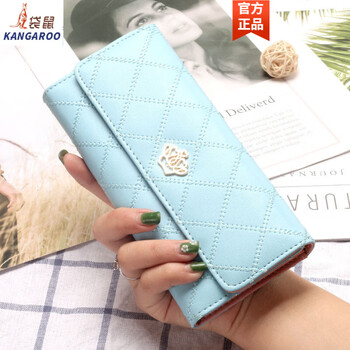 Kangaroo wallet women's 2025 new trendy large capacity women's long wallet trendy women's thin fashion diamond metal crown wallet sky blue
