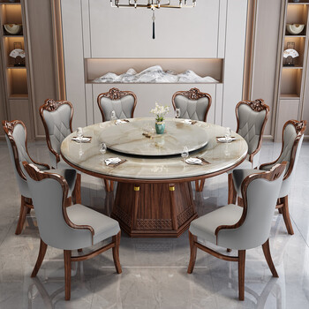 Jiuwei furniture new chinese style marble dining table and chair combination light luxury home ebony wood large round table solid wood restaurant table with turntable marble table top + marble turntable 1.3 meters dining table + chairs*8