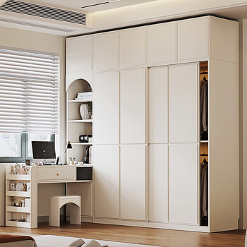 Decorative house product cream style sliding door wardrobe desk integrated home small apartment bedroom sliding door storage cabinet finished large wardrobe 1.6m wardrobe