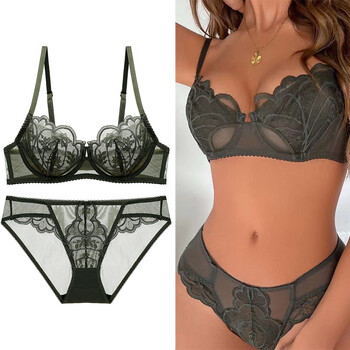 Victoria palace sexy lace bra, ultra-thin, big breasts, small and large size underwear, breast reduction, anti-sagging, push-up cotton bra set, green 80b/36