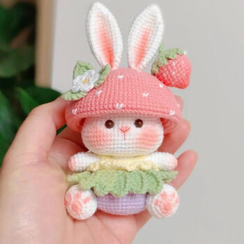 Wool crochet cute strawberry rabbit bunny doll hand knitted diy material homemade pendant keychain material package + tutorial + tools