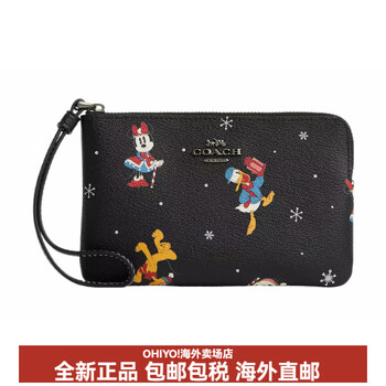 Coach cornerzip16 zippered canvas with leather wrist bag clutch wallet small women's black basic outfit (bag + dust bag)