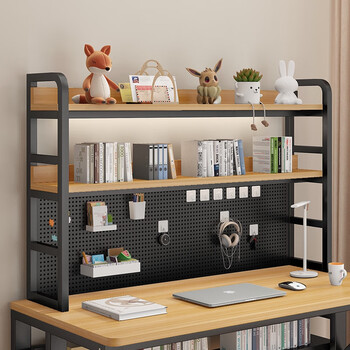 Desktop storage rack office desk multi-layer bookshelf wrought iron desk school computer desk storage hole board double layer black shelf + walnut color 160cm long 0 kit +