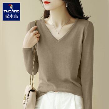 Woodpecker modal v-neck long-sleeved bottoming shirt for women, age-reducing and stylish, 2025 autumn and winter new model, slim-fitting top, khaki (thin section), xl, recommended 120-140 pounds