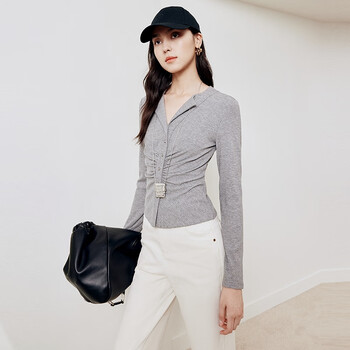 Firststation fs fashionable lapel front center pleated slim long-sleeved bottoming shirt for women 25 autumn new style 5428a gray m