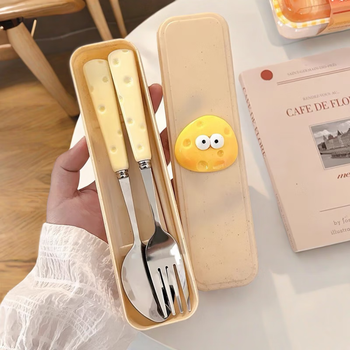 Ye yu cute ins cheese spoon fork chopsticks three-piece student tableware portable tableware storage box set milk free spoon + fork + wheat chopsticks free box with cheese upgraded version tableware set in activity