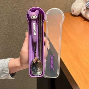 Magic bean shenghuo cute sanrio stainless steel children's portable tableware for primary school students special for one person to eat chopsticks spoon and fork set sanrio spoon and chopsticks two-piece set-purple kuromi