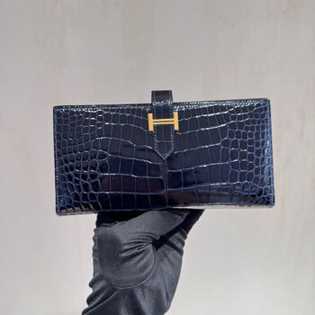 Second-hand 99 new unused hermes (hermes) bearn thick shiny crocodile leather deep sea blue gold buckle x-engraved women's wallet