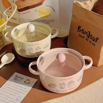 Wanjia complete double-ear instant noodle bowl with lid for dormitory students with lid ceramic large-capacity noodle bowl cute rice bowl large bowl personal use girl pink double-ear noodle bowl (with lid) does not include a spoon