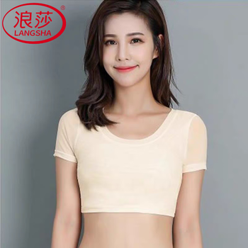 Langsha (langsha) mesh bottoming shirt for women, summer short-sleeved inner gauze coat, low collar, thin, half-length short lace top with suspender skirt, skin color, front double, back single s