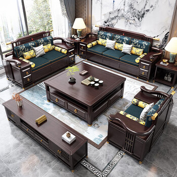 Gujiayi furniture new chinese style living room solid wood sofa combination modern light luxury winter and summer dual-use large and small apartment villa 1+2+3+square coffee table+2 square table+tv cabinet
