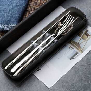Baichao korean high-looking stainless steel chopsticks and spoons set three-piece fork set box student single tableware storage box black box 19cm card-free spoon + chopsticks + box