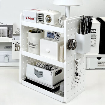 Weici desktop storage rack desk bookshelf storage rack office student dormitory bookshelf double-layer storage hole board with hook storage rack off-white 2 layers (1 bucket + 3 hooks + 1 sticker)
