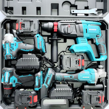 Makita style foreign trade rechargeable lithium tool set electric hammer angle grinder cutting machine electric drill electric wrench electric chain saw foreign trade mt model 15 high-capacity electric core lithium battery six pieces circular saw + electric hammer + angle grinder + electric drill + electric wrench