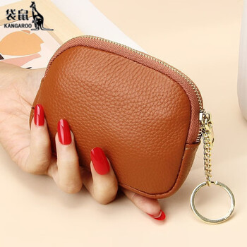 Kangaroo 2025 new women's hand small wallet rhombus small bag coin bag double zipper genuine soft leather mini coin purse brown litchi pattern