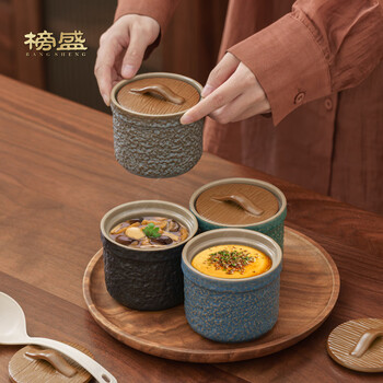 Bangsheng ceramic water-proof stew pot with lid, snack simmering soup pot, household one-person egg bowl, steamed vegetable crock pot, plenty of food and clothing stew pot (red brown) 250ml