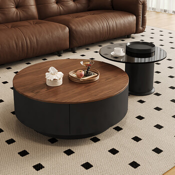 Shaper cream style round walnut color coffee table table combination living room home small apartment light luxury french tea table mid-century style flat black frame black cabinet walnut color + side table 80cm