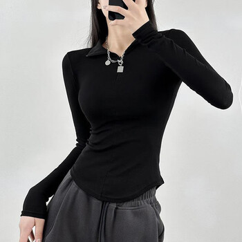 Bangboshi christmas bottoming shirt long-sleeved t-shirt for women 2025 autumn and winter slim fit inner wear american hot girl polo lapel top polo collar bottoming shirt black m size