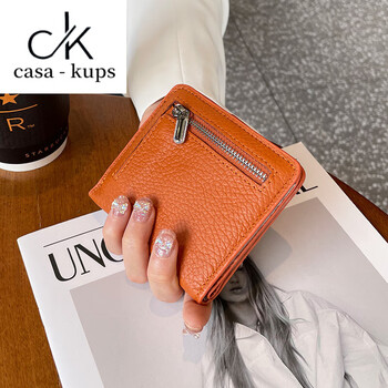 Casa-kupsck genuine leather wallet women's short first-layer cowhide thin two-fold compact multi-card slot simple wallet card holder card holder orange