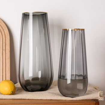 Ershanji vase glass ornaments living room flower arrangement water nourishing light luxury high-end large simple style transparent high-end living room vase smoke ash gold edge vase large one 30*14cm