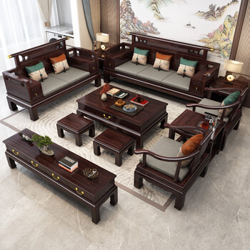 Youfanshi ebony solid wood sofa new chinese style living room for winter and summer use small apartment zen style chinese and antique style combination chaise furniture 2+3+coffee table+square table+base cabinet+accommodation three-piece set