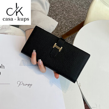 Casa-kupsck pure cowhide genuine leather wallet women's long multi-functional 2025 new folding exquisite mobile phone bag black with box