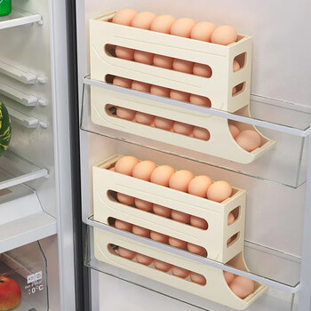 Youqin egg storage box side door storage rack for refrigerator egg holder automatic rolling egg box storage box crisper cream color 1 pack - can hold about 30 pieces
