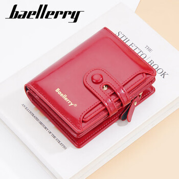 Baellerry new women's short wallet glossy waxed leather multi-slot zipper coin purse versatile wallet black