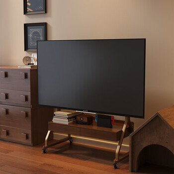 Arctic tree solid wood movable tv cabinet for home small apartment living room new modern simple floor-standing storage tv bracket 40-85 inches, installation included, black frame walnut color with bull socket, door-to-door delivery