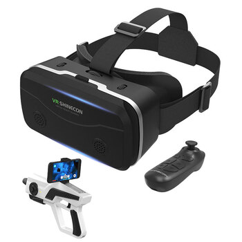 Shinecon vr smart glasses g15 vr viewing game virtual reality 3d helmet mobile phone box wear special g15 black + b03 handle + ar gun + vr resources
