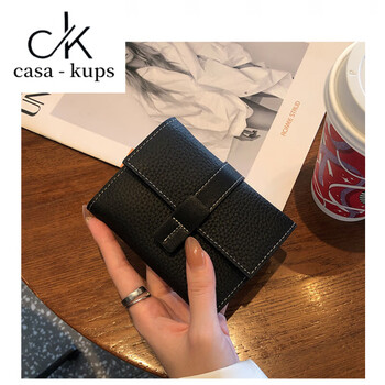 Casa-kupsck genuine leather wallet women's short contrast color first layer cowhide three-fold wallet multi-card slot horizontal buckle 2025 chinese valentine's day black