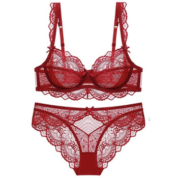 Dudant luxury international brand feminine lace underwear breathable and comfortable sponge-free four seasons bra set big breasts make smaller burgundy m 34/75b with panties