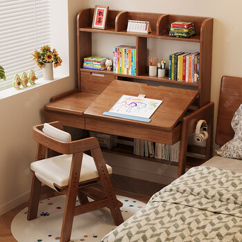 Orange shimo solid wood children's study table, primary and secondary school student desk with bookshelf, children's home desk, liftable desk and chair, walnut color #desk + bookshelf, imported rubber wood, no veneer, 100cm*60cm*75cm, total height 135cm