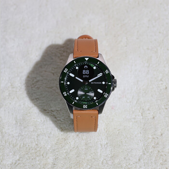 Withings france withings 30-day battery life heart rate blood oxygen sleep monitoring pointer smart watch scanwatch nova green green dial with brown apple leather strap 42mm