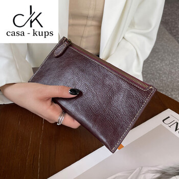 Casa-kupsck wallet women's long genuine leather fashion simple first layer cowhide thin zipper wallet large capacity can hold mobile phone burgundy