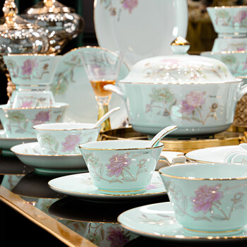 Hongxi shengshi high-end chinese bowls, plates and tableware set, celadon, rose meet ~ 10 people, 68-piece gift box