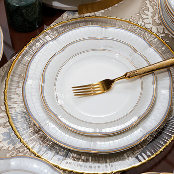 Hg haigre tangshan haigre bone china gold edge tableware housewarming dish set high-end household light luxury bowl and plate set simple european style yuguangqu 20-piece set