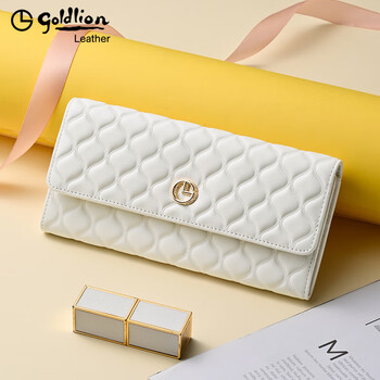 Goldlion g+ goldlion women's wallet long style 2025 summer new genuine leather multifunctional wallet fashion popular clutch for women milky white 10 card slots