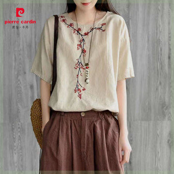 Pierre cardin embroidered cotton and linen short-sleeved t-shirt for women 2025 summer new loose large size retro round neck linen top for women, apricot m