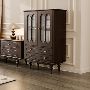 Keluke french retro solid wood glass low wine cabinet display cabinet against the wall living room 2025 new home atmosphere high-end american style double door low wine cabinet + all solid wood double door