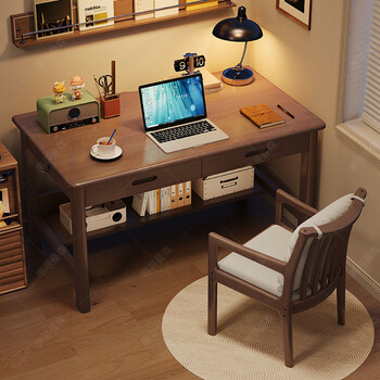 Huixun solid wood desk with drawer student home study desk nordic simple desk bedroom study simple computer desk fas grade rubber wood without veneer black walnut color # desk 100cm*60cm*75cm