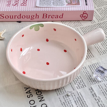 Ye yu cute strawberry ceramic double-ear noodle bowl underglaze color set high-value rice bowl girl's instant noodles household tableware with spoon pink strawberry thick handle bowl