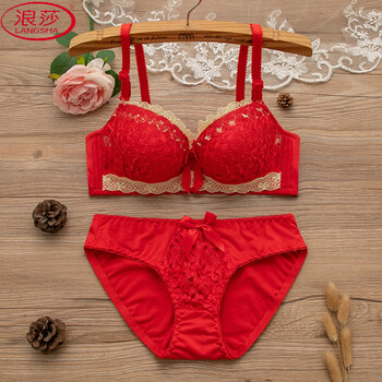 Langsha (langsha) red girl's bra push-up set for the year of birth, sexy adjustable anti-sagging underwired push-up bra, big red suit with underwired 75b 34/75 (universal for ab cup)