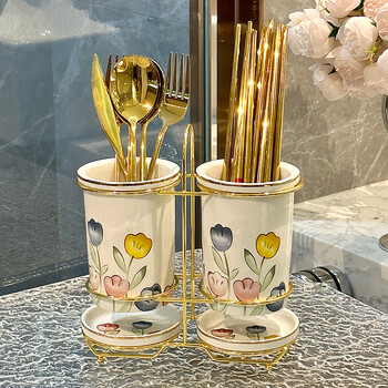 Zhengye light luxury ceramic chopstick tube chopstick basket drain double chopstick bucket creative tableware chopstick storage box storage rack chopstick tube household tulip chopstick tube does not include chopsticks and spoons