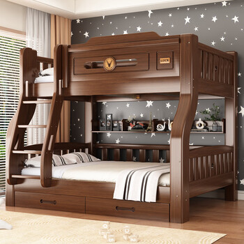 Domestic subsidy solid wood thickened bunk bed, half-height bed, children's double bed, household multi-functional high and low bed, ladder-double drawer-installation, upper bed width 100, lower bed width 120 (comes with bookshelf)